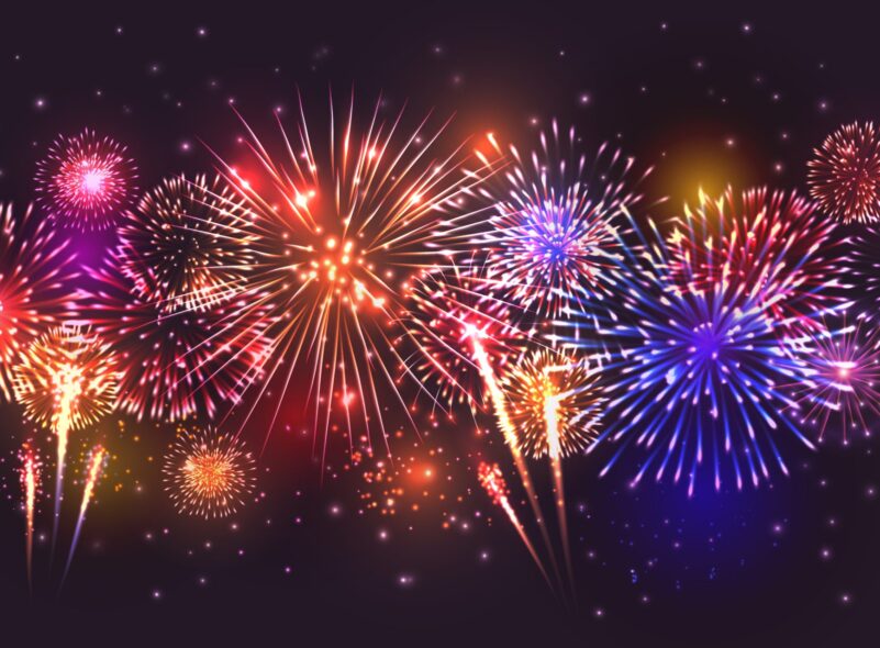 MicrosoftTeams-image (15) Realistic fireworks border composition with night sky background and colourful splashes with flying particles and specks vector illustration