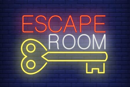Escape room neon sign. Vintage key and text on brick wall background. Glowing banner or billboard elements. Vector illustration in neon style for topics like quest, escape room, game